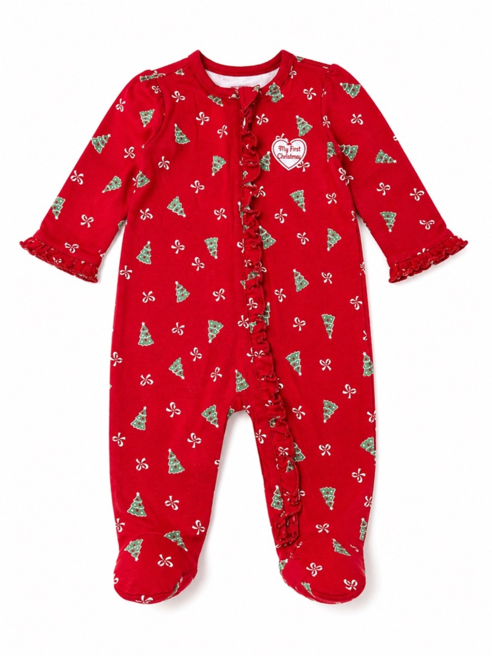 New - Little Me Red Christmas Tree Ruffle Footed One-Piece